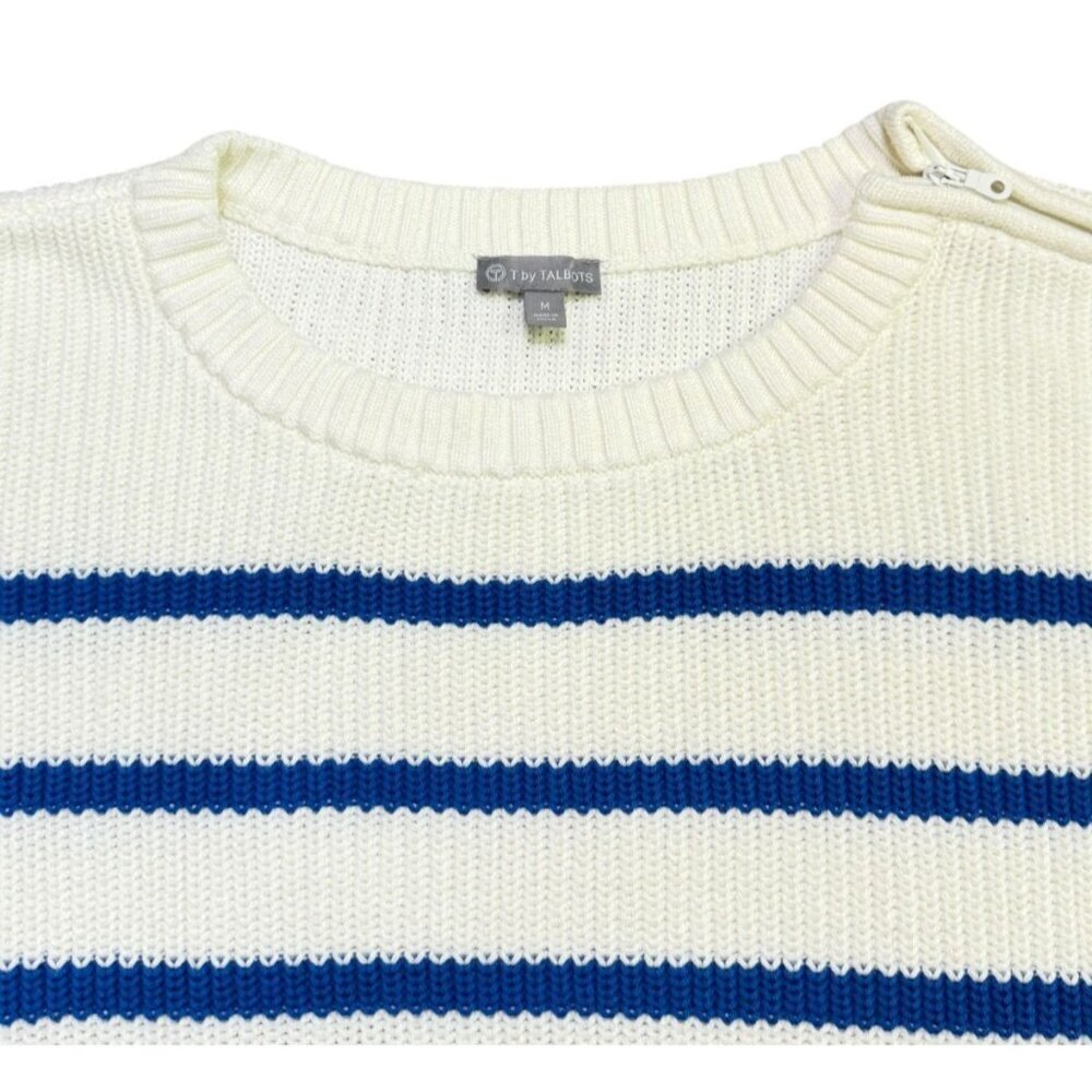 T by Talbots Multi Stripe Crewneck High-Low Sweater Ivory Blue Medium - Picture 7 of 11